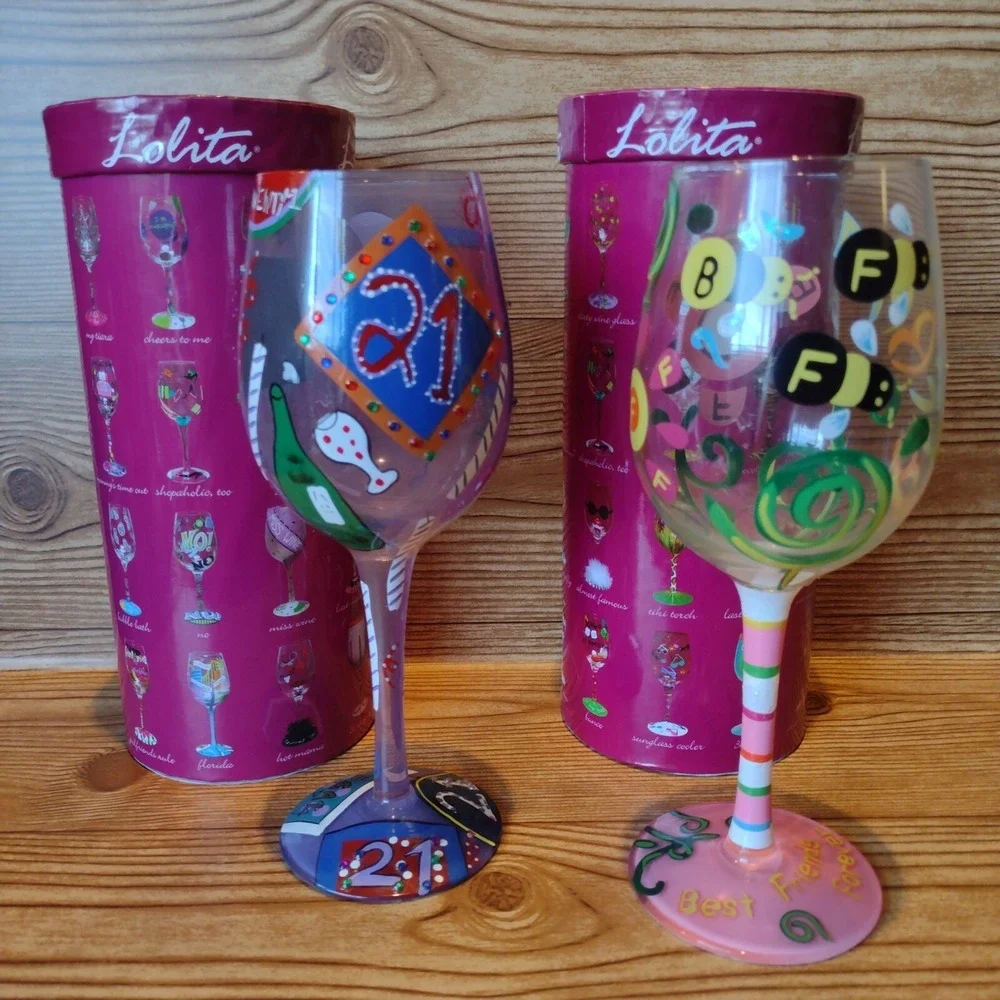 Lolita Hand Painted Wine Glass Set 21st Birthday and BFF with Gift Boxes